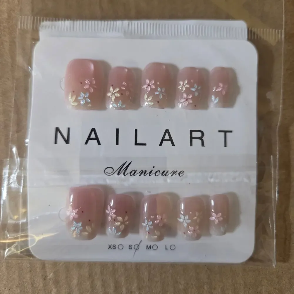 10 Pink Ombre Floral Press On Nails Short Square Reusable New Size Small